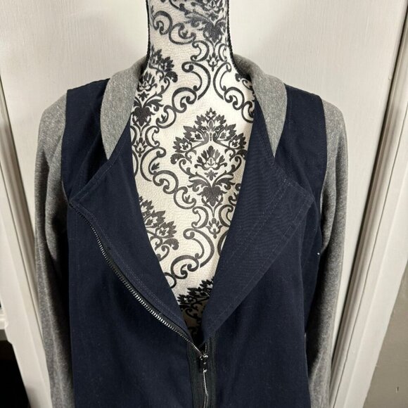 Jet John Eshaya navy and gray colorblock casual knee length jacket. - Picture 2 of 9